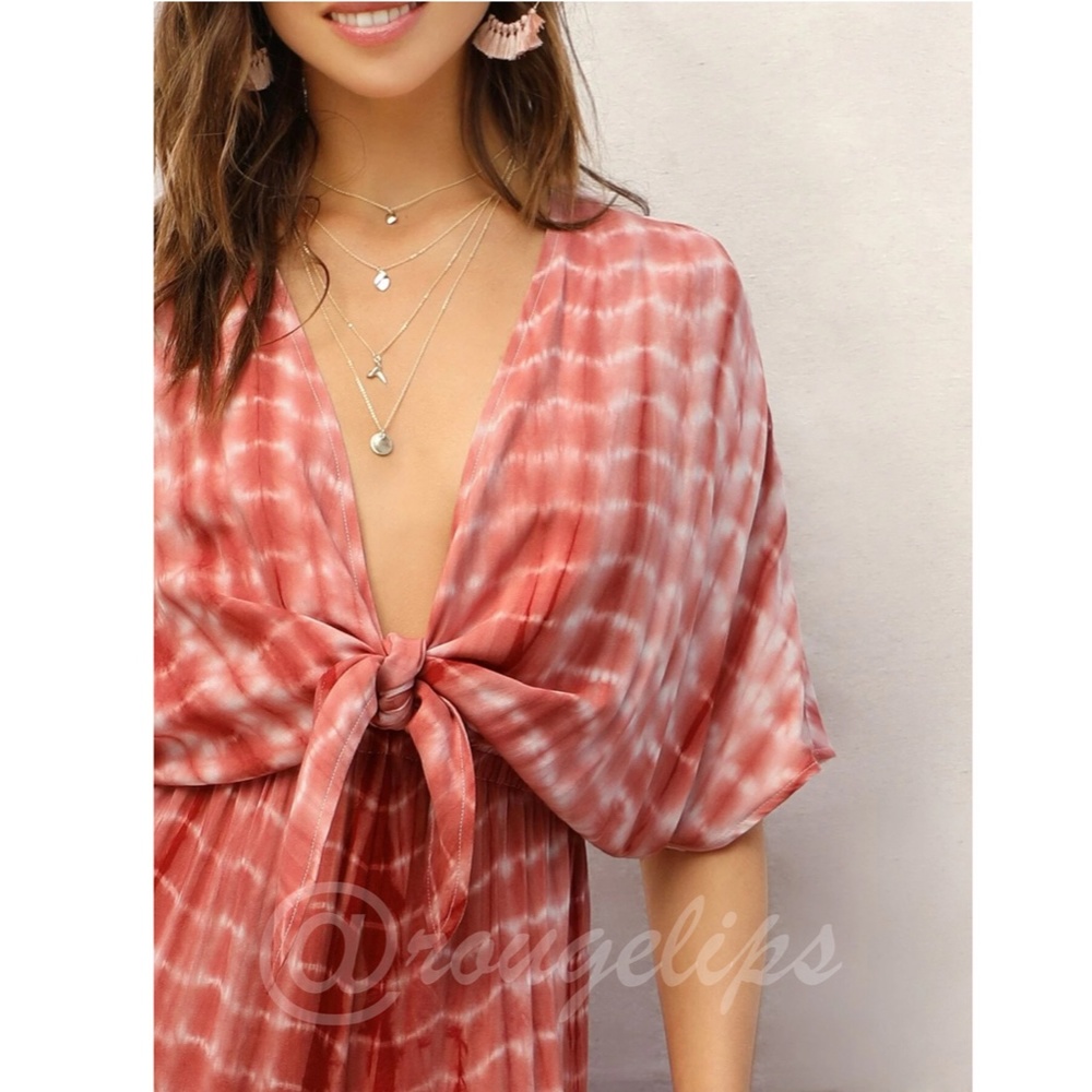 Tie Dye Jumpsuit Red Wide Leg Tie Front Deep V-Neck - Picture 5 of 7